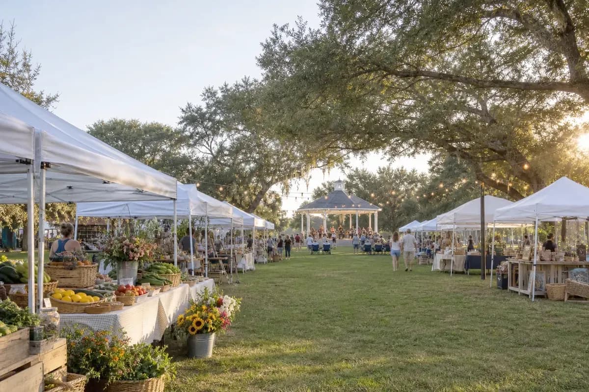 A small-town open-air market and community evening on a grassy green under spreading live oaks in warm late-afternoon light.