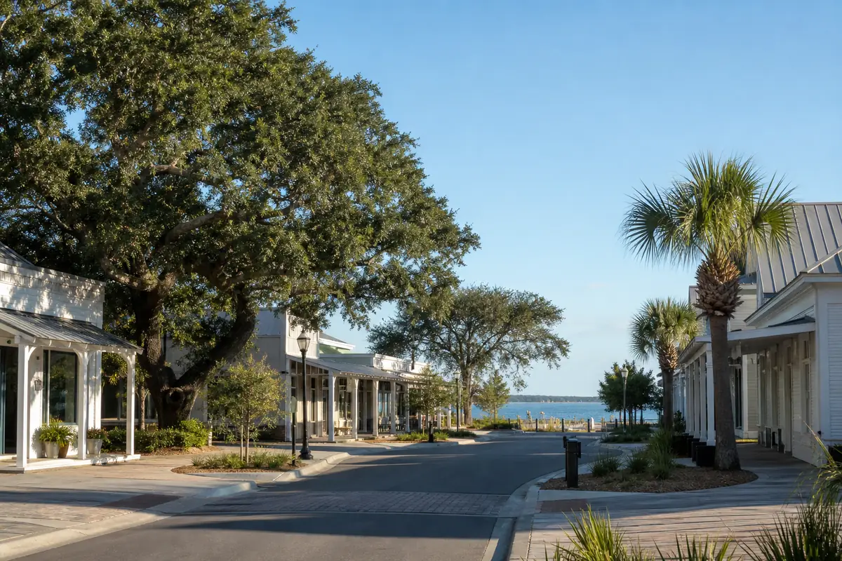 A coastal small-town main street in the morning with low storefronts, live oaks and a glimpse of the water, no readable signs: an illustration for Freeport's news page.