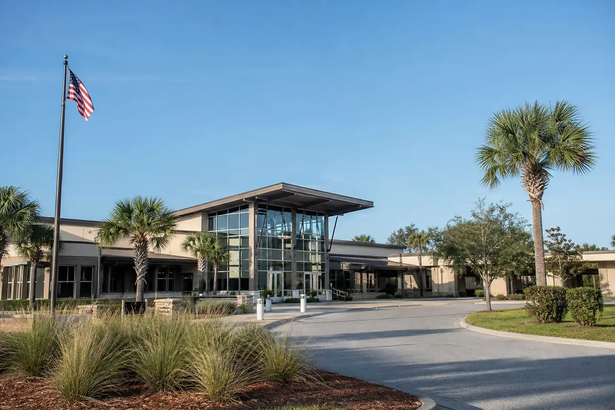 An illustration: a modern county government building with a glass entrance, a flag and landscaped palms under a blue sky