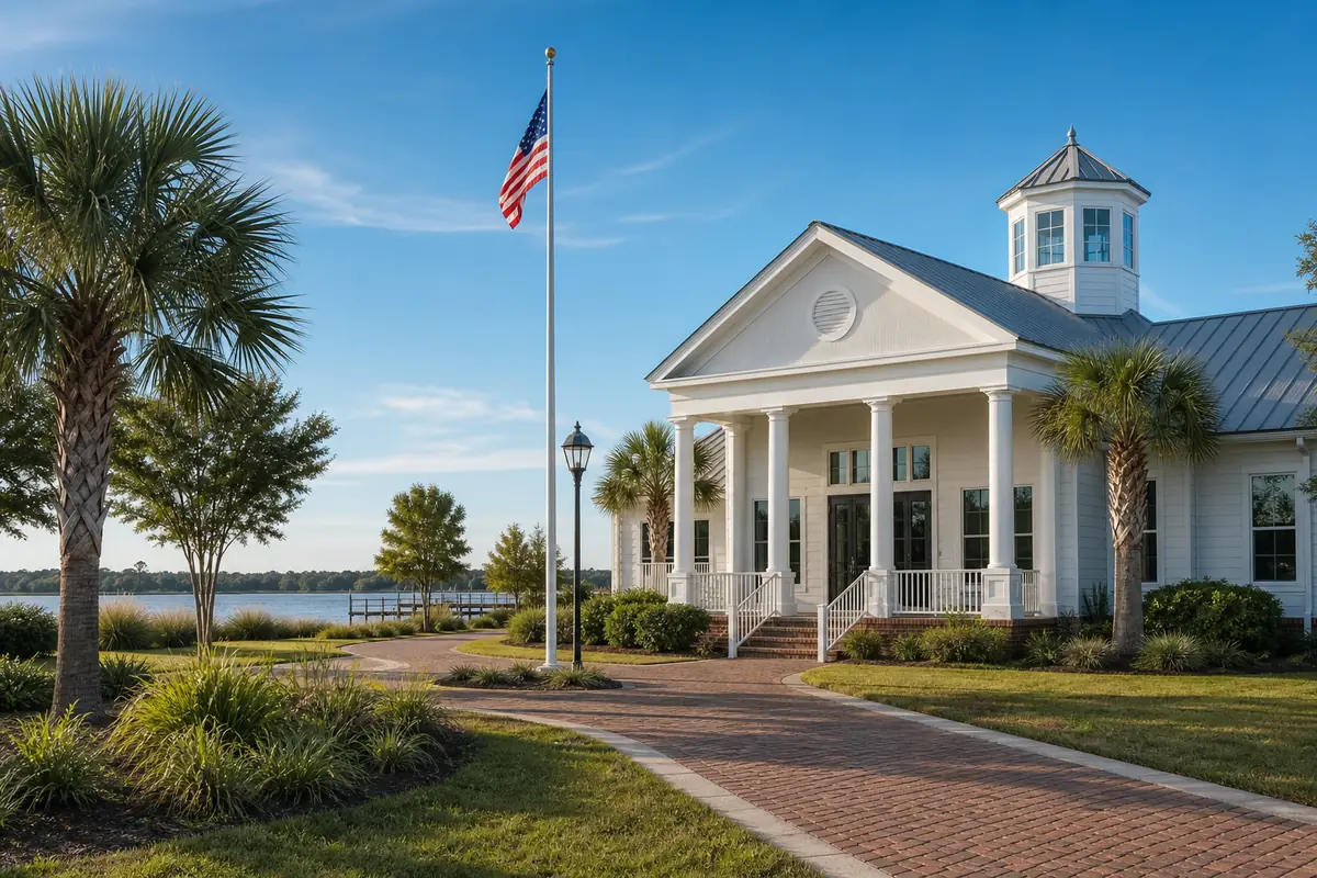 An illustration: the front of a small coastal city hall with white columns, a flagpole, palms and a brick walkway in morning light