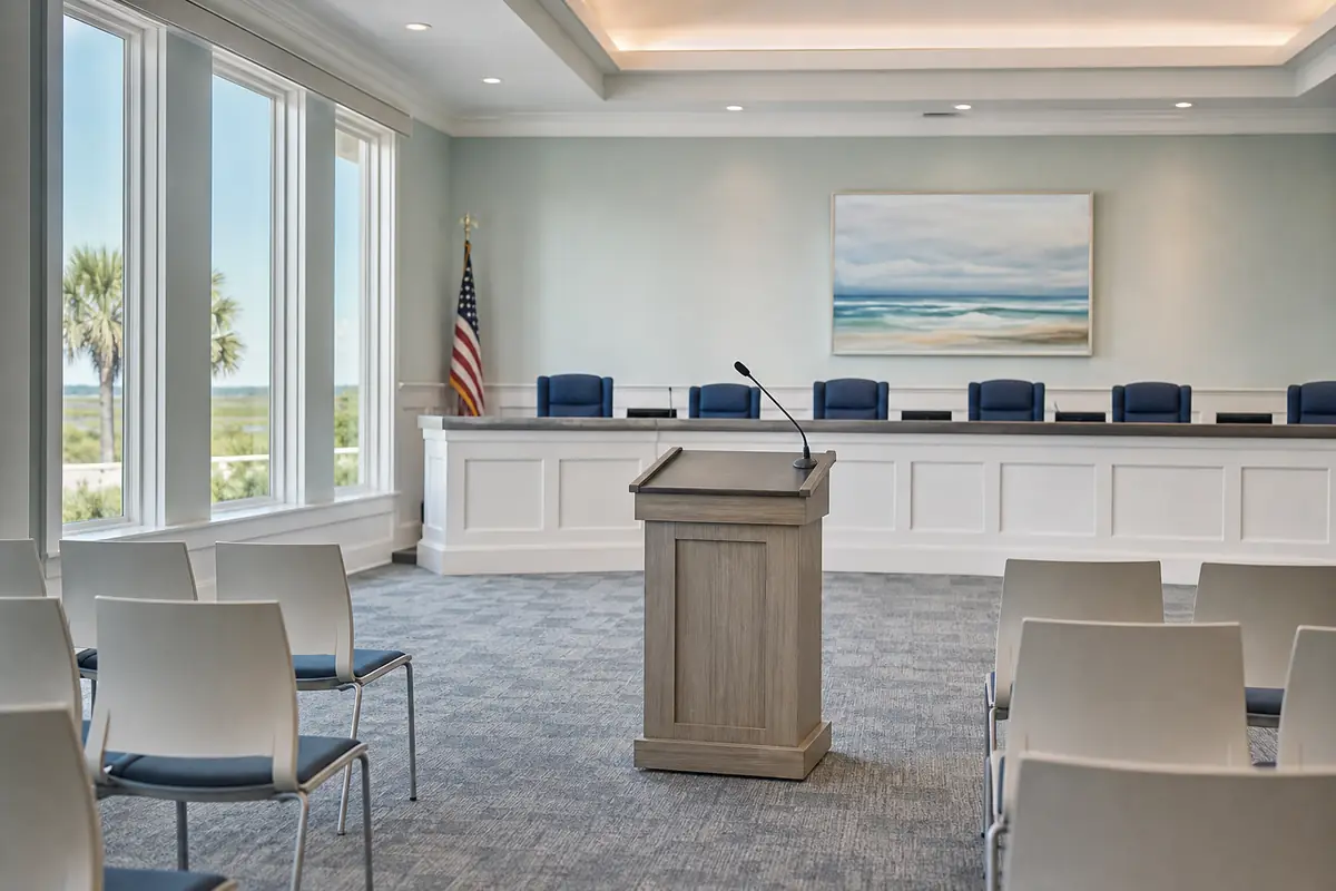 An illustration: a public comment podium with a microphone facing a council dais, rows of empty audience chairs, afternoon light