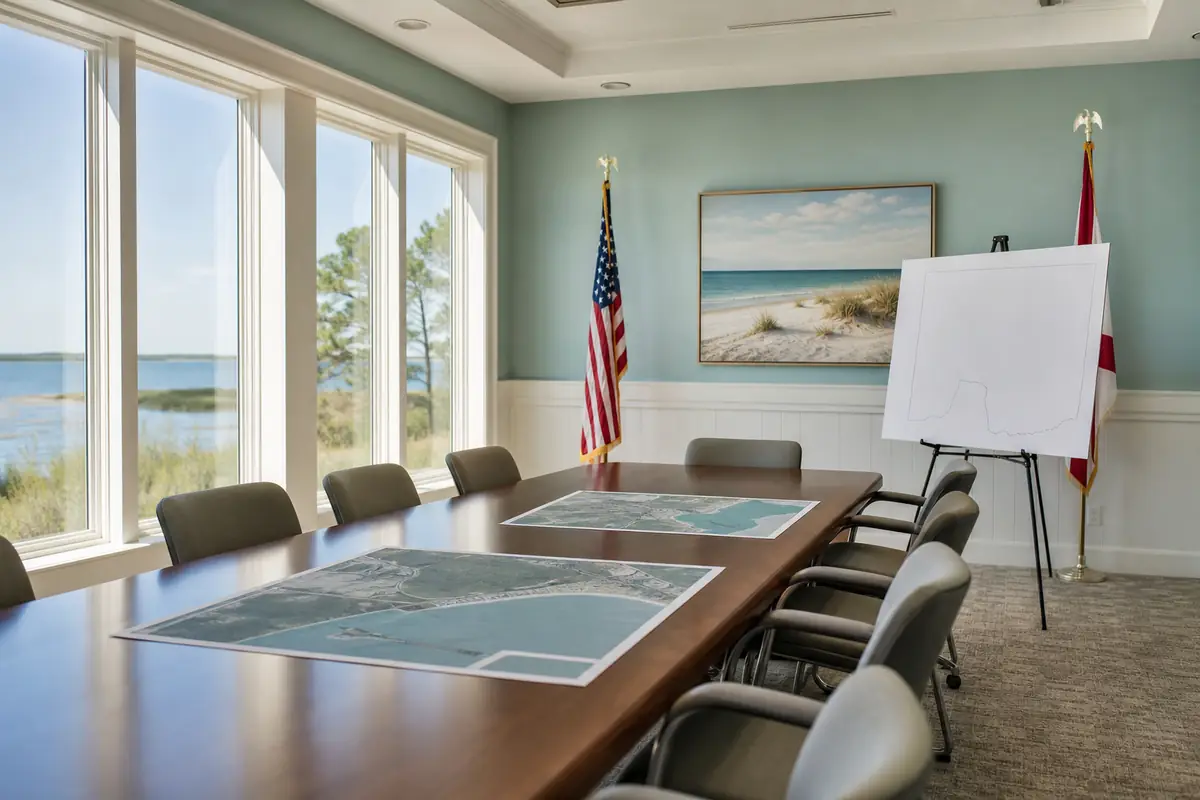 An illustration: a planning board meeting room with a long table, chairs and an easel holding a blank land-use map board