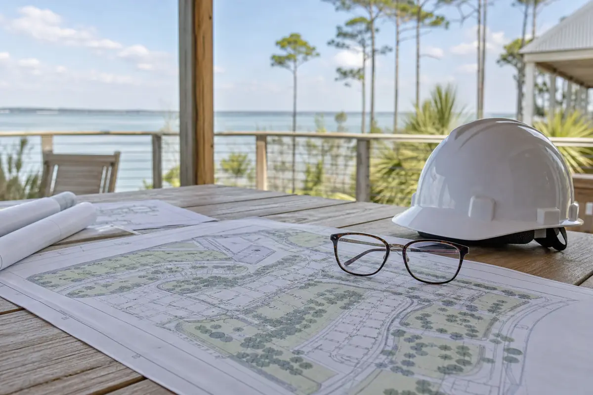 An illustration: a close view of printed subdivision plans, a hard hat and a pair of glasses on a wooden table, soft daylight