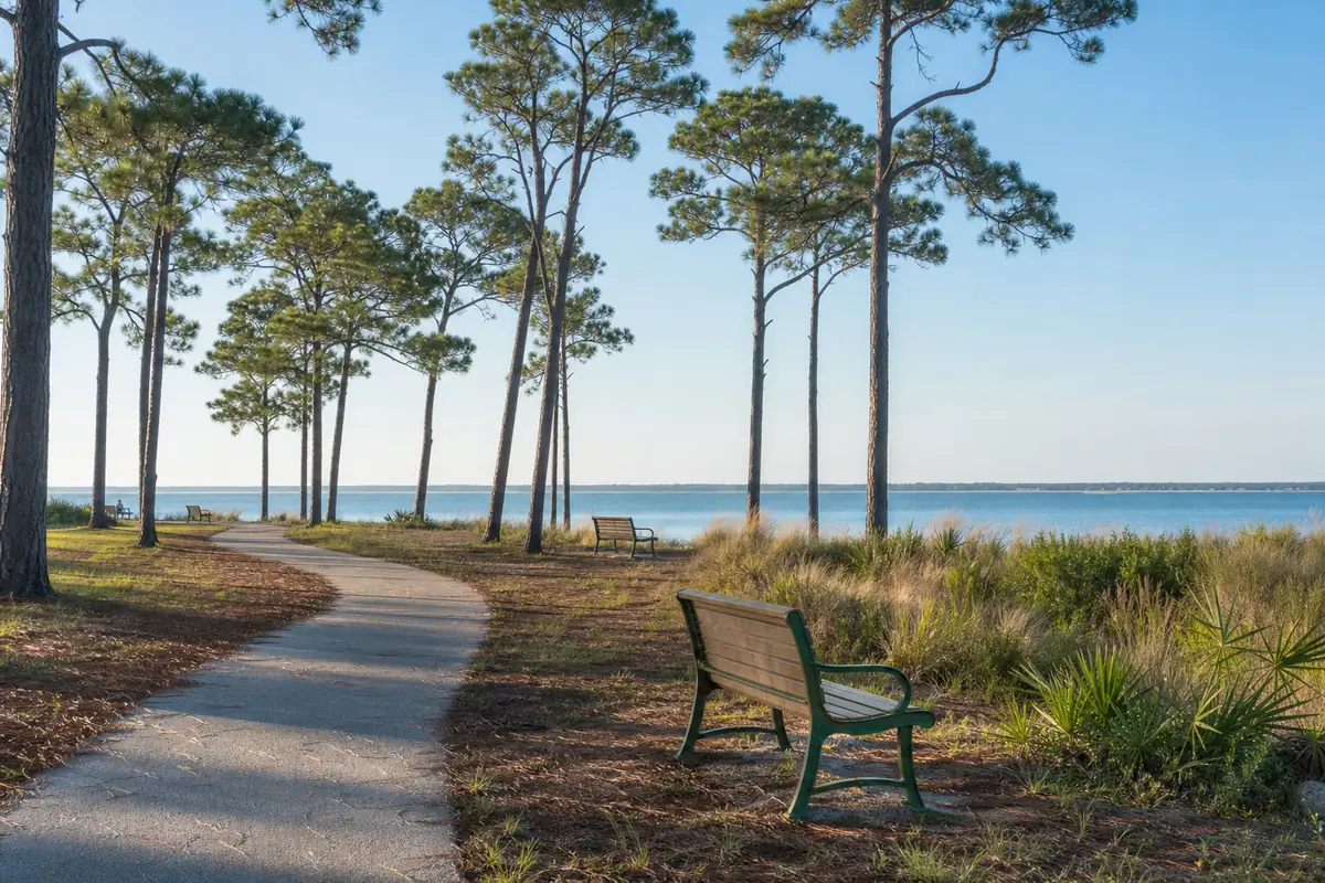 An illustration of a small community park with a curving walking path, benches and tall longleaf pines, for Grady Brown Park
