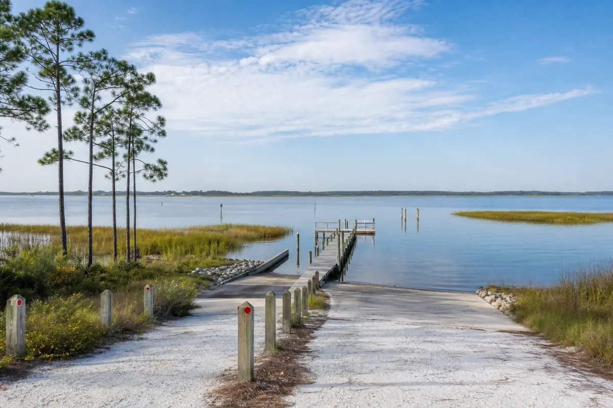 An illustration of a small public boat launch at the end of a sandy road, a wooden dock reaching into a wide calm bay, marsh grass along the edge, for Marse Landing