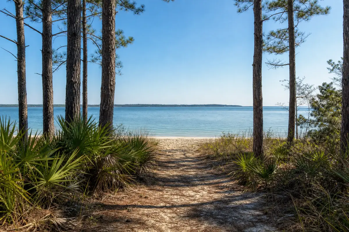 A sandy trail through longleaf pines and saw palmetto opening onto calm water: an illustration for Freeport's outdoors tile.