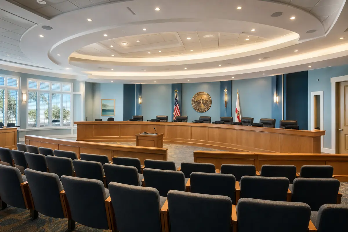 An illustration: a large county commission chamber with a curved wooden dais, rows of public seating and ceiling lights, empty