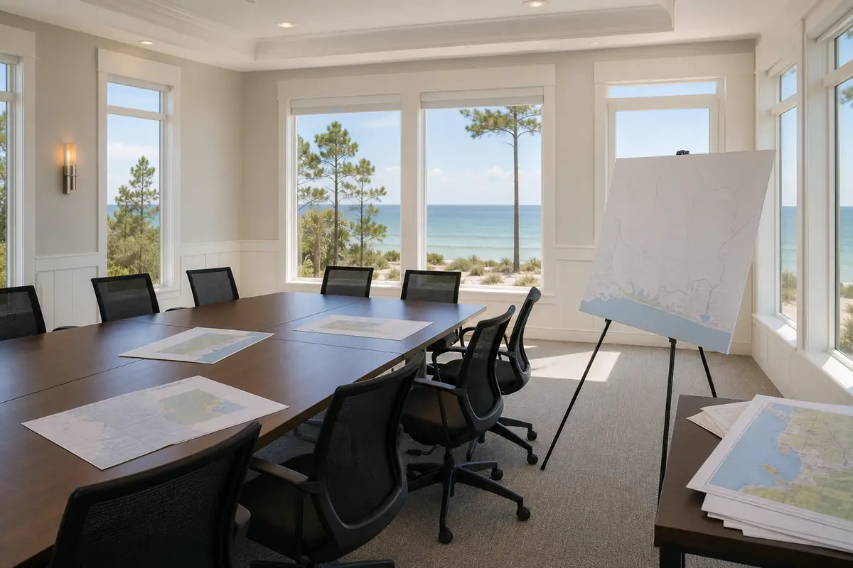 An illustration: a planning board meeting room with a long table, chairs and an easel holding a blank land-use map board
