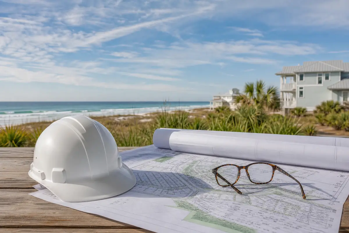 An illustration: a close view of printed subdivision plans, a hard hat and a pair of glasses on a wooden table, soft daylight