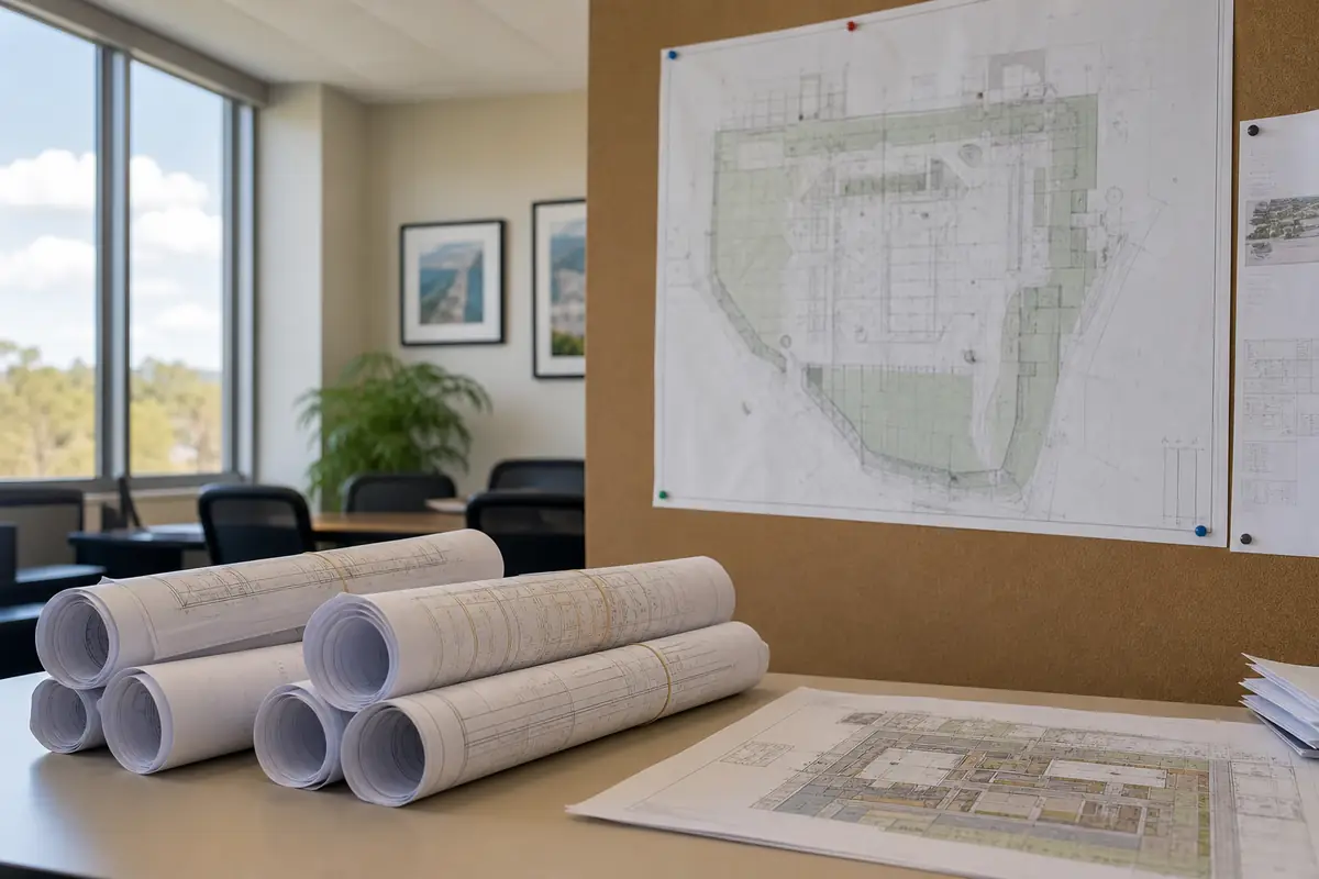 An illustration: rolled construction drawings and a set of plans pinned to a corkboard in a quiet government office
