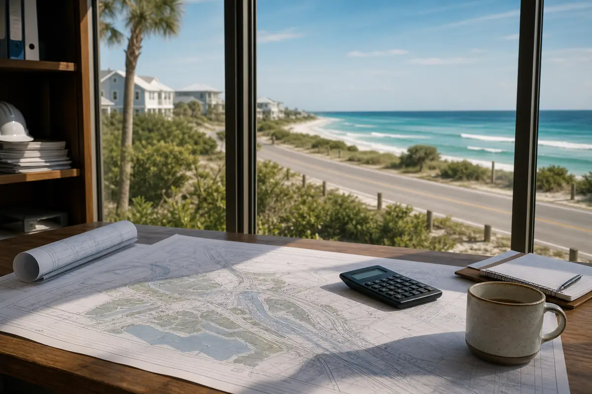 An illustration: a site engineer's table with stormwater plans, a calculator and coffee cup, a window onto a coastal road
