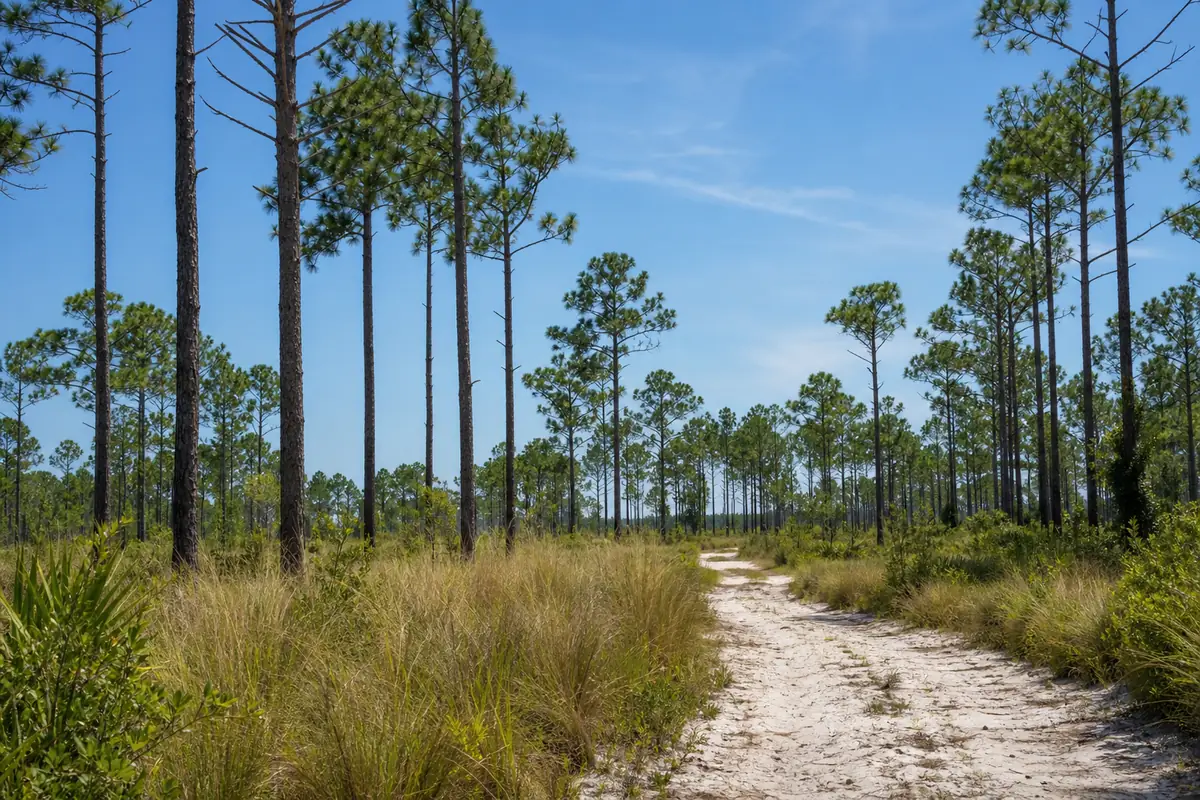 An illustration of a longleaf pine flatwoods forest with a sandy trail and wiregrass, for Point Washington State Forest