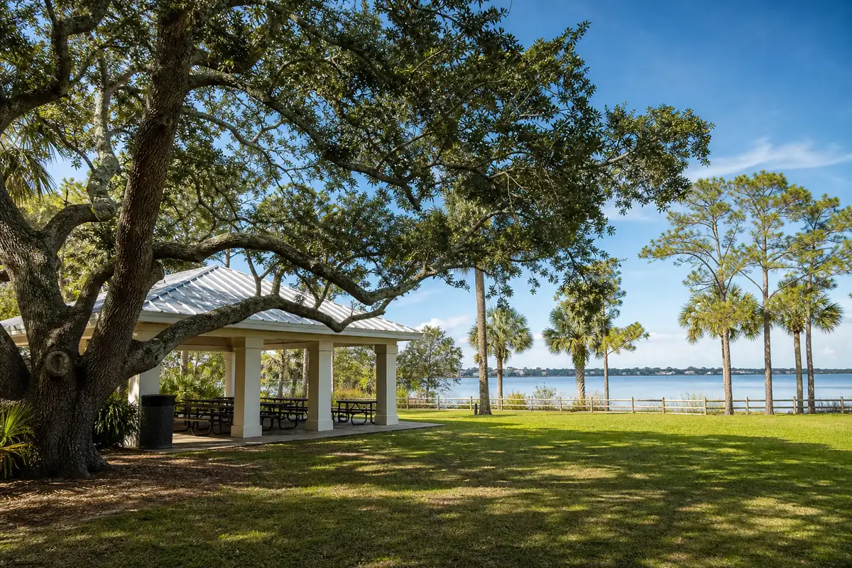 An illustration of a quiet neighbourhood park with a picnic pavilion under spreading live oaks, open grass in front, for Driftwood Estates Park