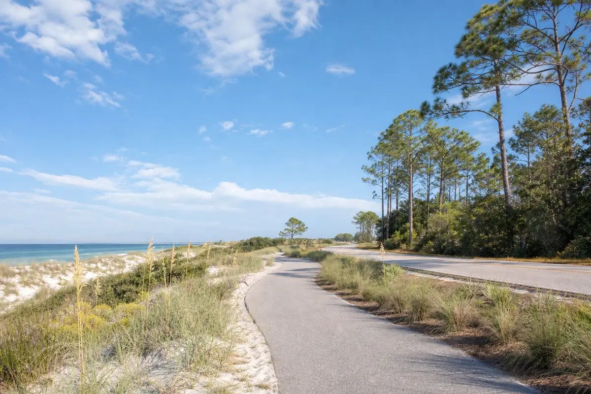 An illustration of a paved walking and biking path curving beside a quiet coastal road through pines, oaks and dune grasses, for Timpoochee Trail