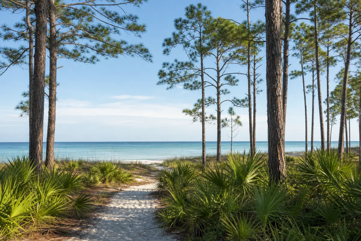 A sandy trail through longleaf pines and saw palmetto opening onto calm water: an illustration for Santa Rosa Beach's outdoors tile.