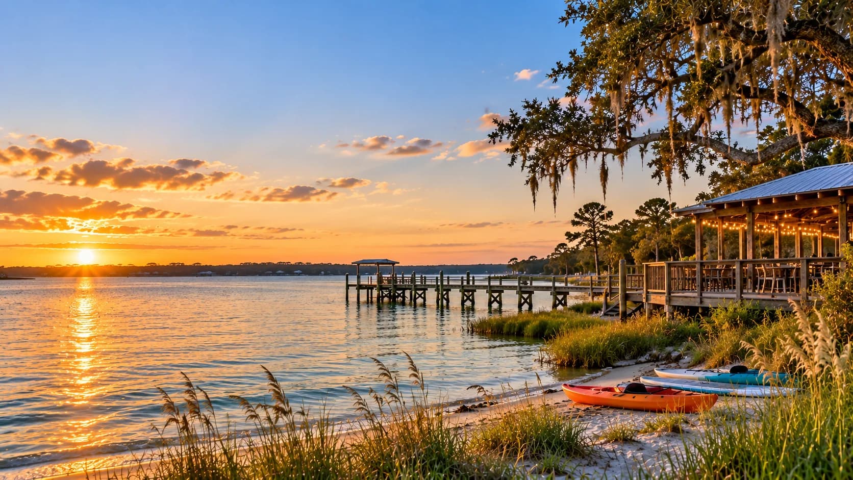 Sunset over Choctawhatchee Bay at Freeport: a long wooden pier, kayaks pulled up on the sand, sea oats along the shore and a waterfront deck strung with lights under a live oak.