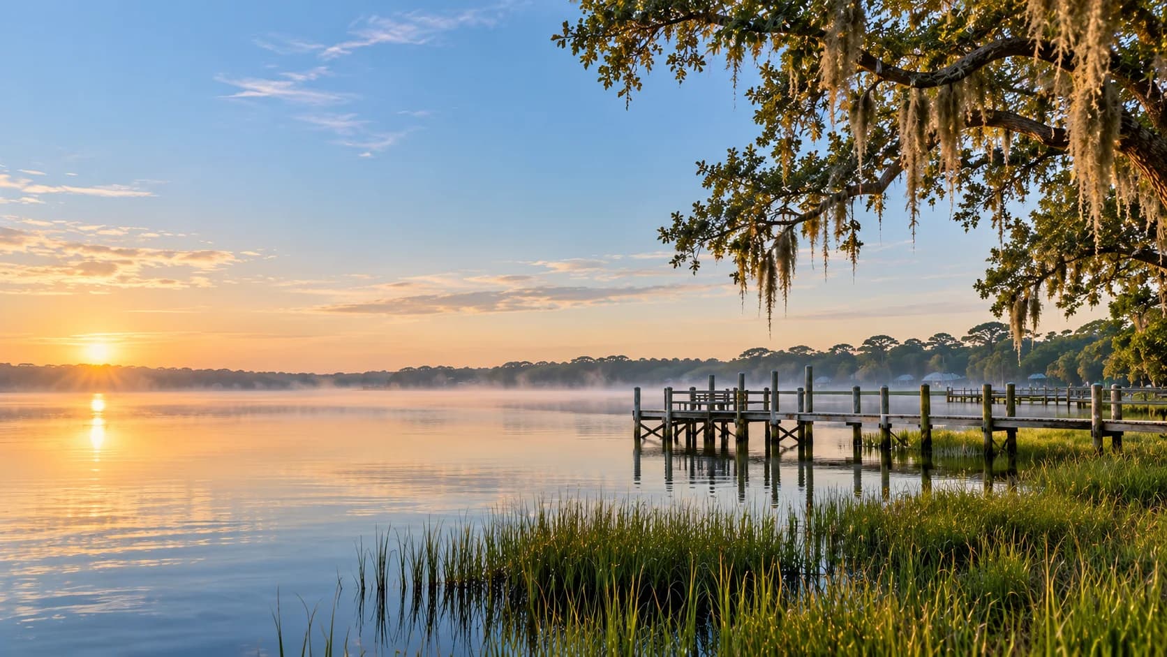 Sunrise over Choctawhatchee Bay at Freeport: mist on flat water, a wooden dock reaching out from a marsh-grass shore, and a live oak hung with Spanish moss.