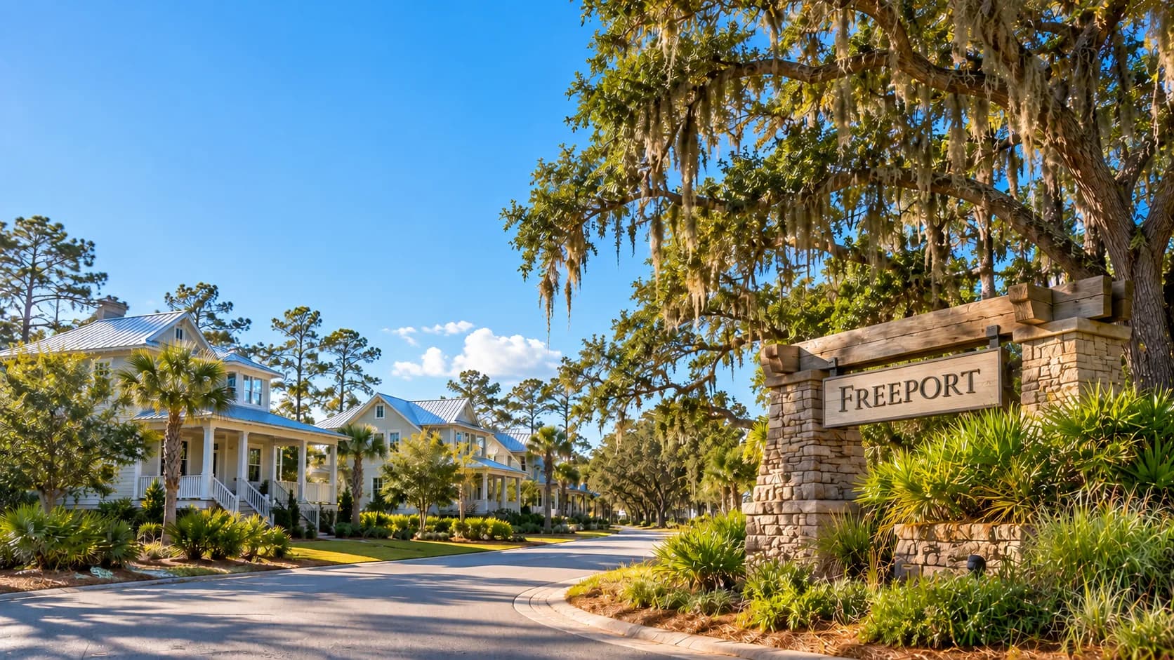 A Freeport neighborhood street on a bright day: white cottages with metal roofs and front porches, palms and live oaks hung with Spanish moss, and a stone entry sign reading Freeport.