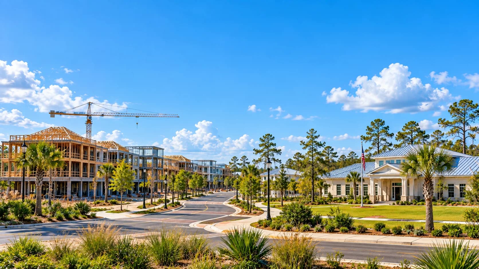 New building in Freeport on a clear day: a timber frame under a construction crane beside finished townhomes, a new street lined with young palms, and a civic building with a metal roof.