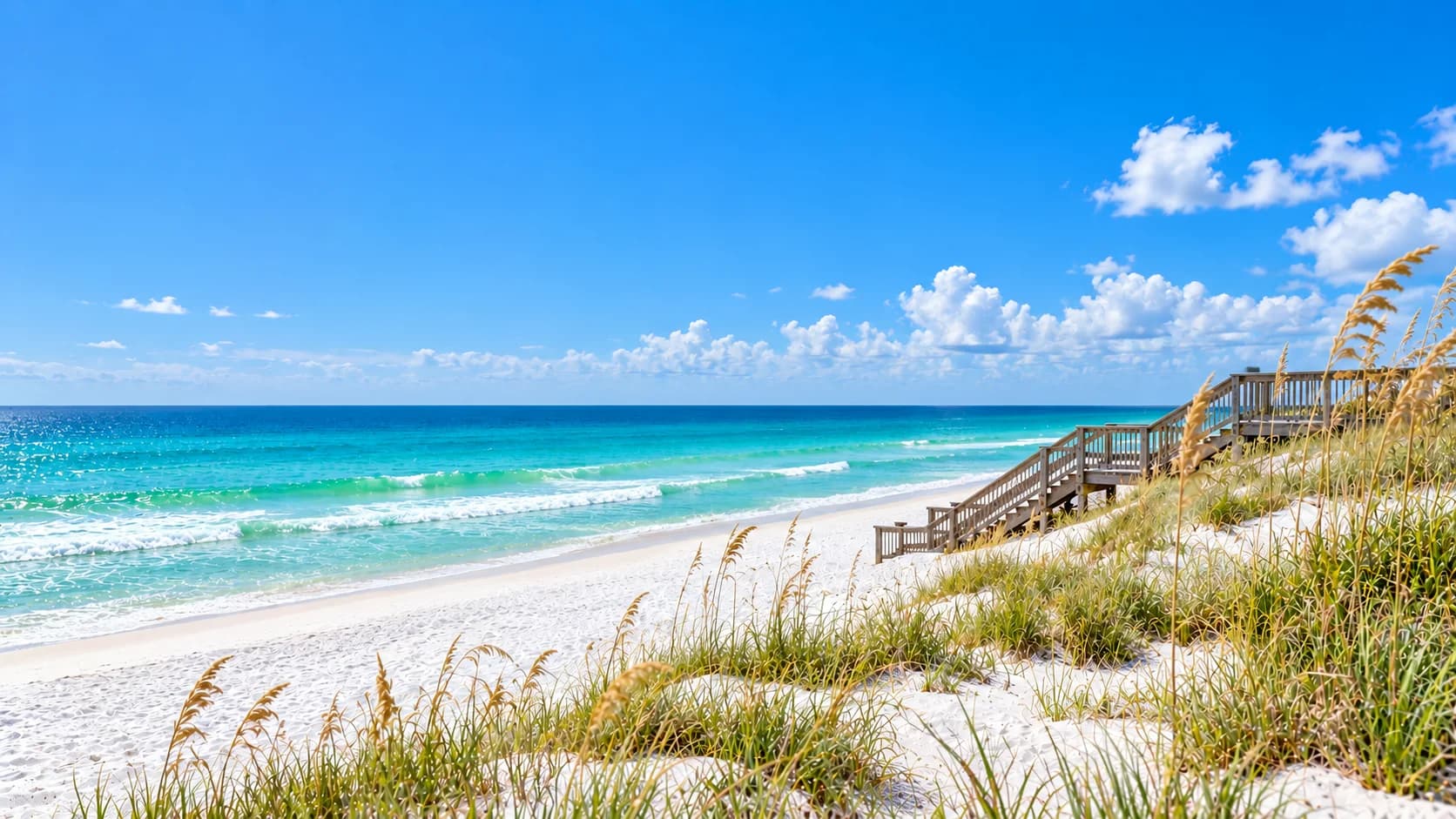 The Gulf at Santa Rosa Beach on a bright afternoon: green-blue water breaking on white sand under a deep blue sky, with sea oats and a wooden beach walkover on the dune.