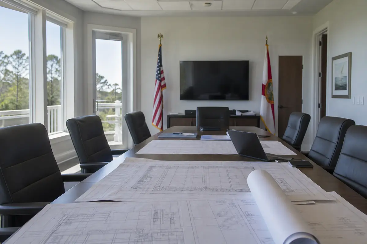 An illustration: a small county conference room with engineering drawings spread on the table and a laptop, bright and plain