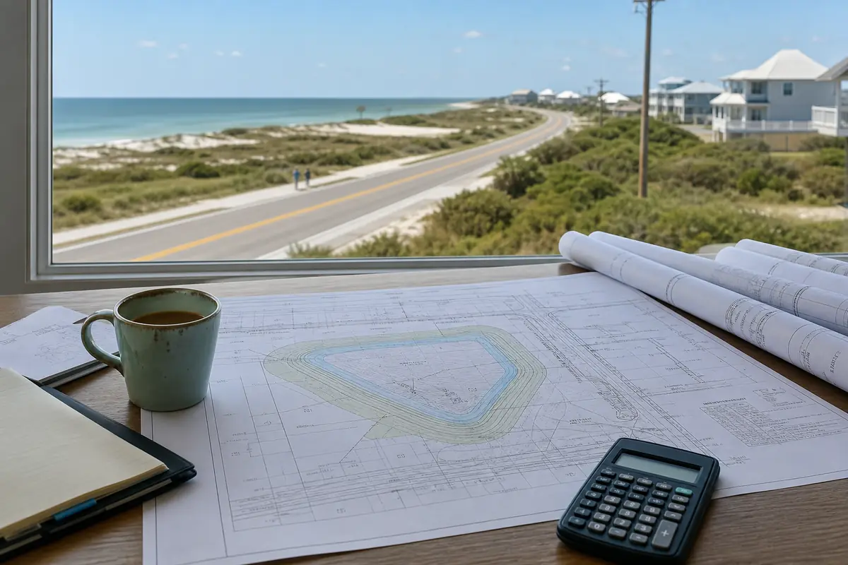 An illustration: a site engineer's table with stormwater plans, a calculator and coffee cup, a window onto a coastal road