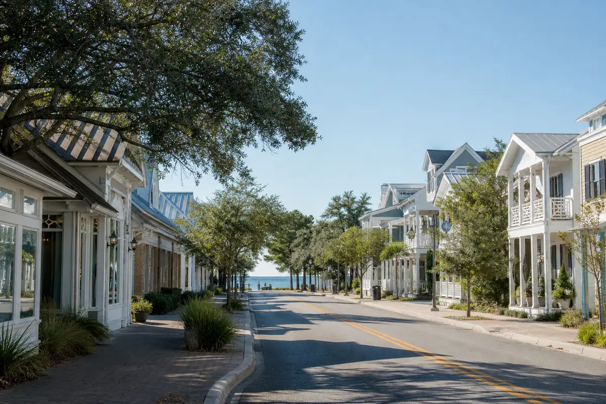 A coastal small-town main street in the morning with low storefronts, live oaks and a glimpse of the water, no readable signs: an illustration for Santa Rosa Beach's news page.