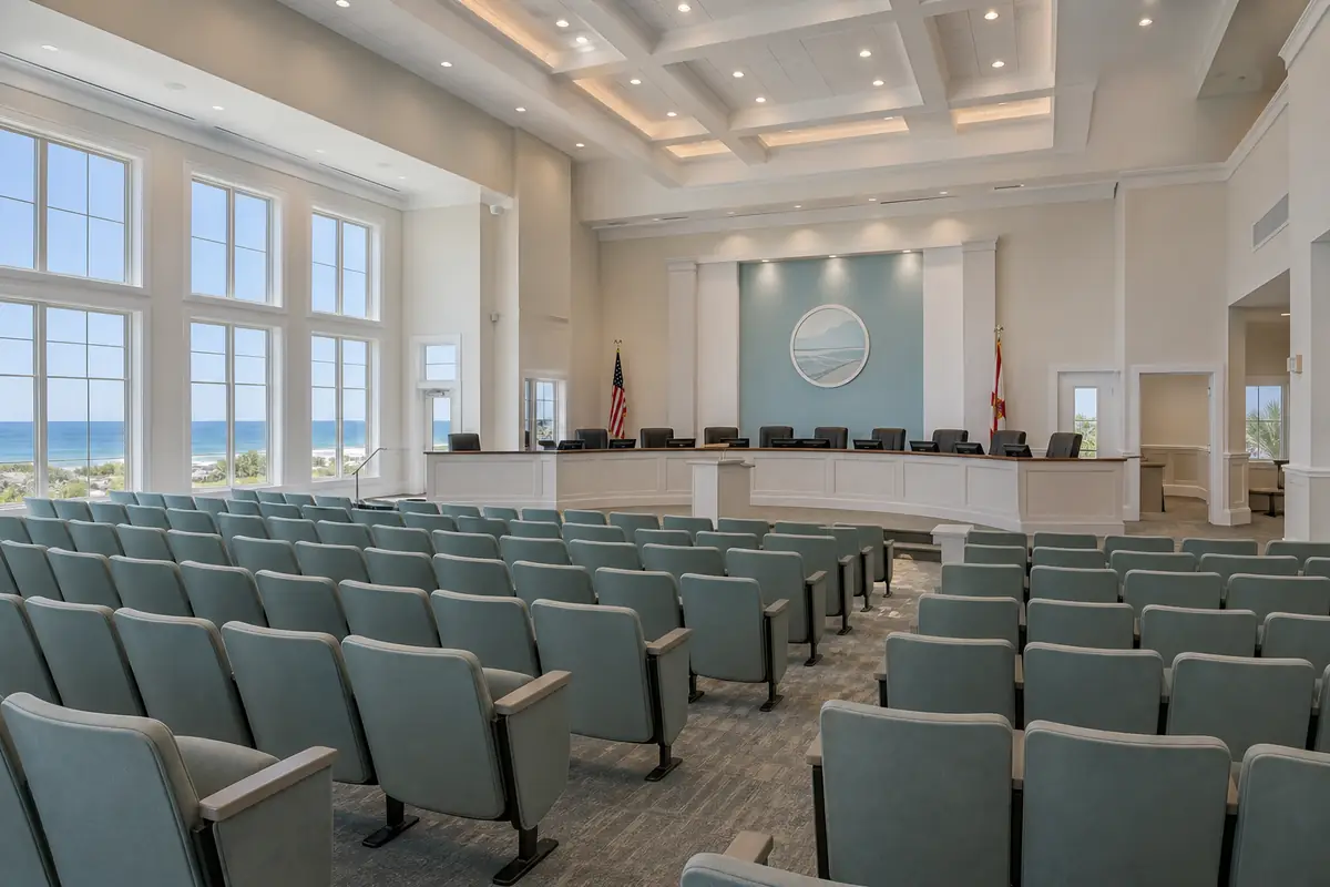 An illustration: rows of empty public seats facing a long curved dais in a bright county meeting room with tall windows