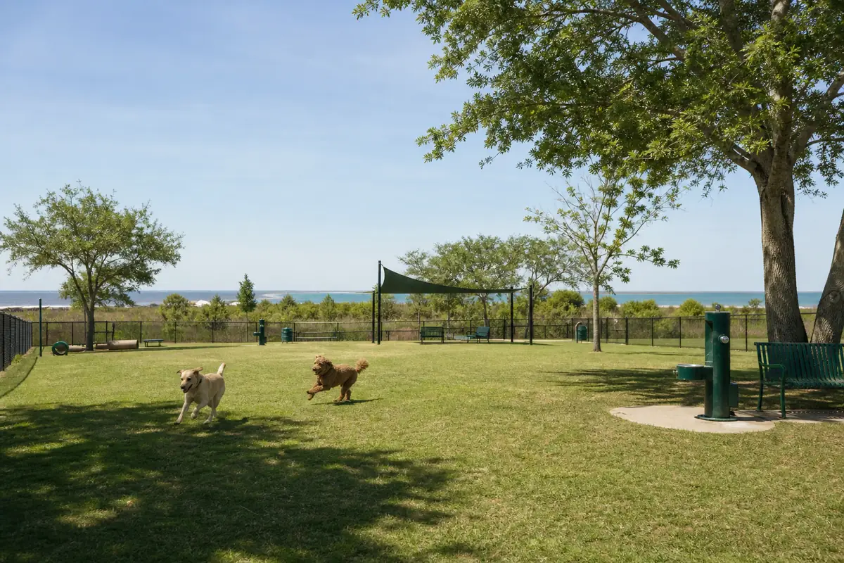 An illustration of a fenced dog park with shade trees, benches and a water station, one or two dogs running on the grass, for Bark Park Dog Park