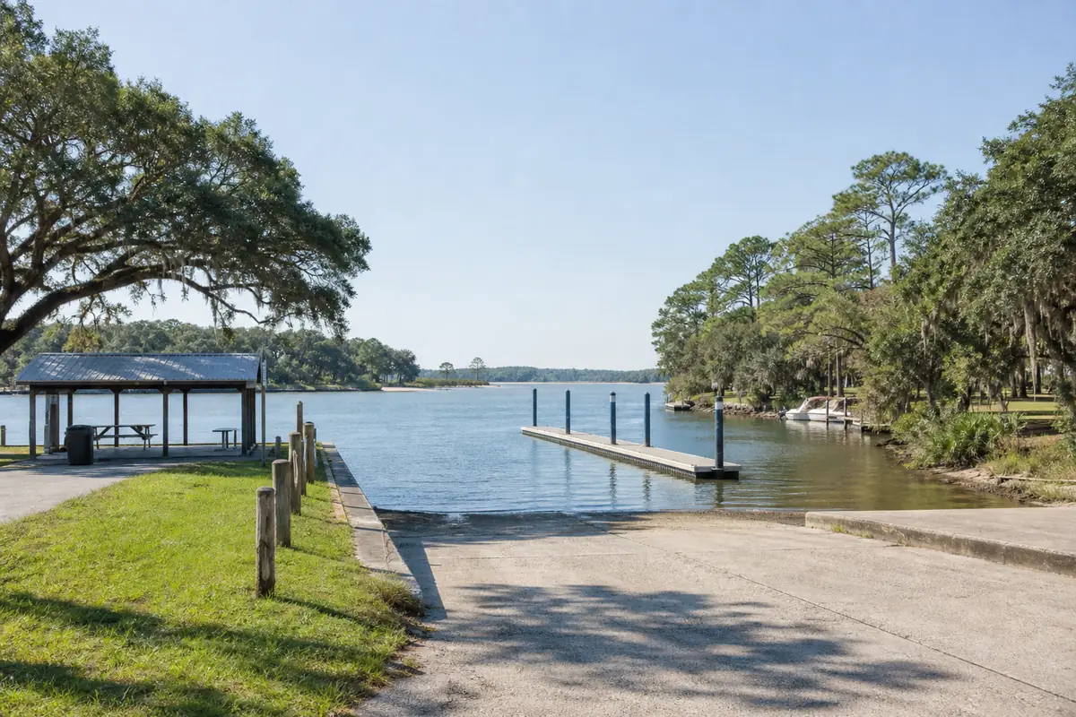 An illustration of a public boat ramp beside a grassy parking area and a picnic shelter, a floating dock on quiet water lined with live oaks, for Charles Cessna Landing