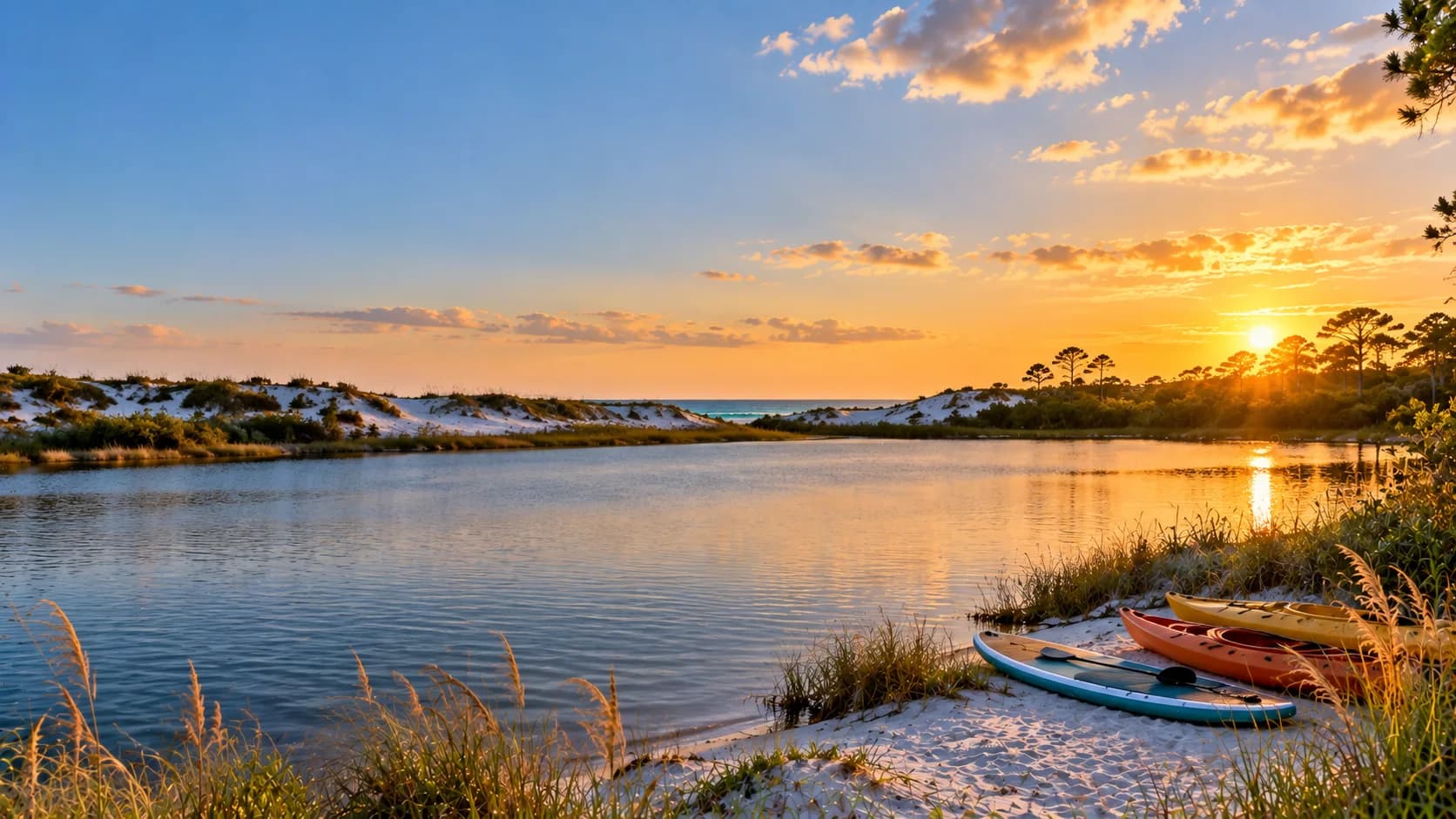 A coastal dune lake at Santa Rosa Beach at sunset: still water between low dunes, kayaks and paddleboards pulled up on the sand, and the Gulf beyond.