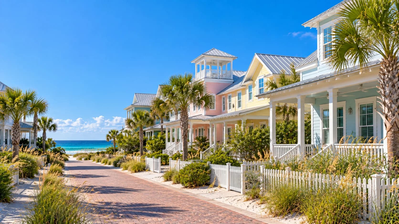 A beach street at Santa Rosa Beach: pastel cottages with white picket fences and deep porches along a brick lane, palms either side and the Gulf at the end of it.