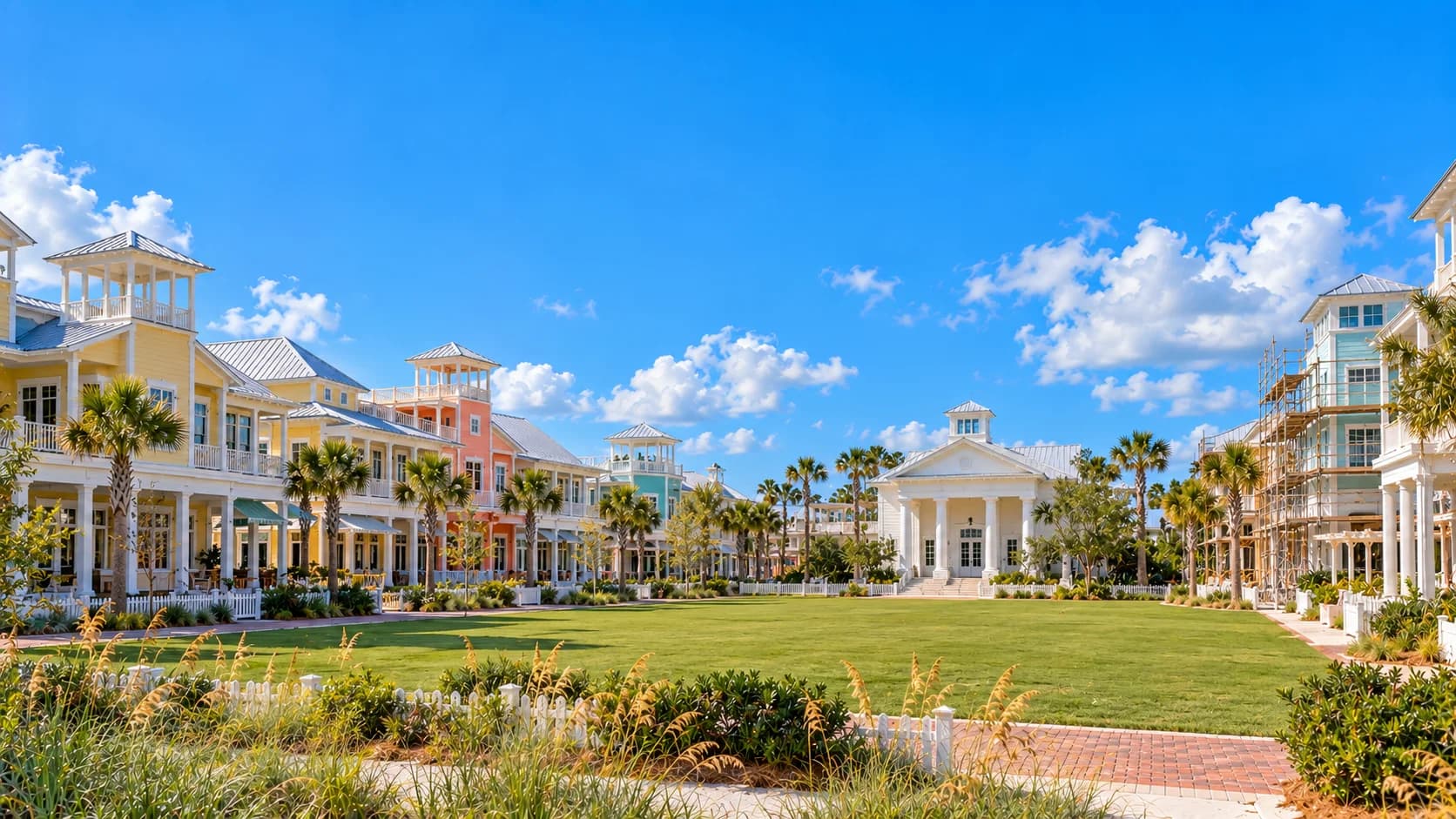 A town green at Santa Rosa Beach on a clear day: pastel clapboard buildings with deep porches and metal roofs around a lawn, with palms and young trees.